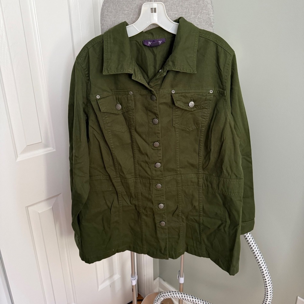 Roaman's Olive Green Denim Jacket 18W 100% Cotton Utility Chore Plus Size